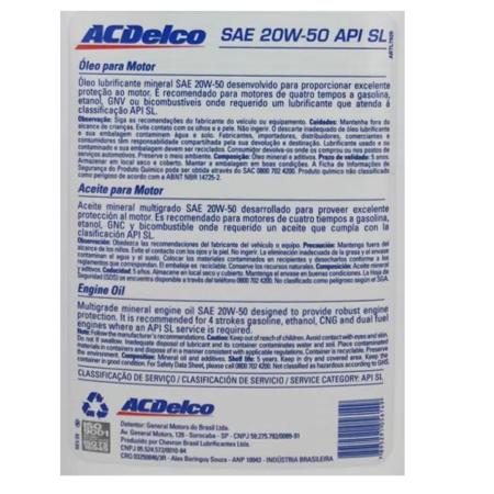 ÓLEO LUBRIFICANTE MINERAL SAE 20W50 ACDELCO 1L - Image 2